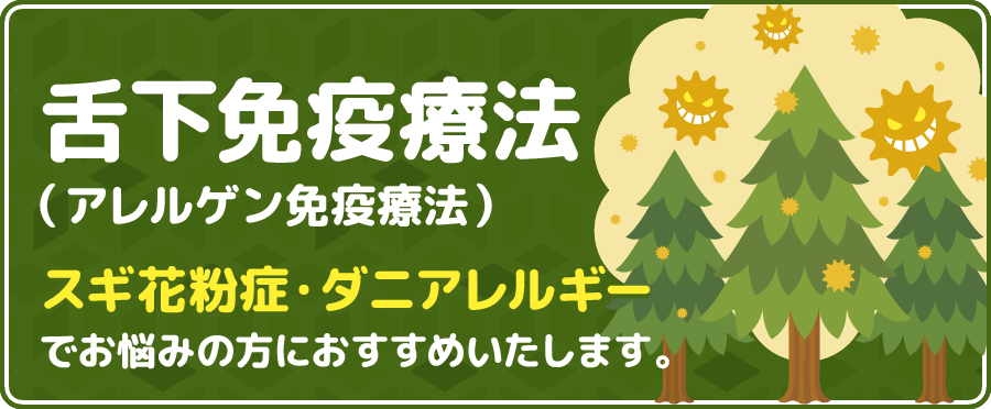 舌下免疫療法（アレルゲン免疫療法） | スギ花粉症・ダニアレルギーでお悩みの方におすすめいたします。